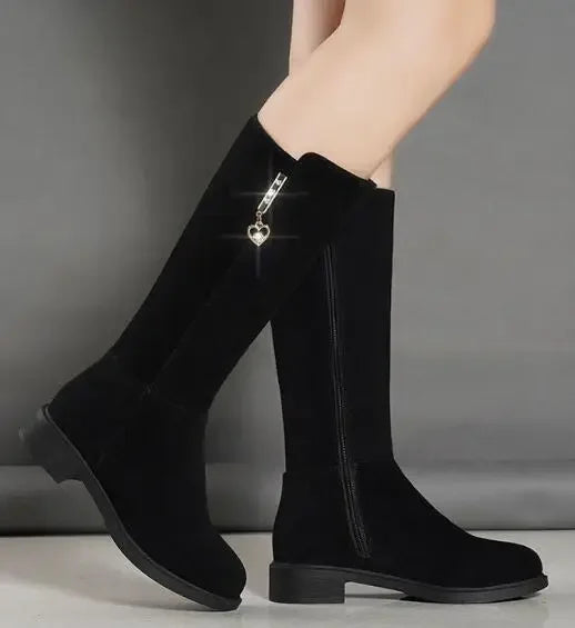 2024 New Women Warm Plush Snow Boots Snow Casual Flat All-match Cotton Fashion Side Zipper Winter Shoes Thigh High Boot Black