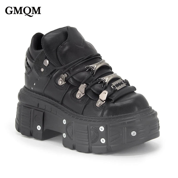 GMQM Fashion Women's Flat Platform Ankle Boots Black Punk Style Round Toe Thick Sole Rock Boots Metal Decor Y2k Halloween Shoes