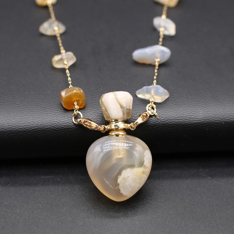 Natural Stone Cherry Flower Agate perfume Bottle Essential Oil Diffuser Pendant Necklace Gravel Chain Exquisite Gift for Women