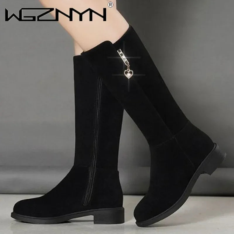 2024 New Women Warm Plush Snow Boots Snow Casual Flat All-match Cotton Fashion Side Zipper Winter Shoes Thigh High Boot Black