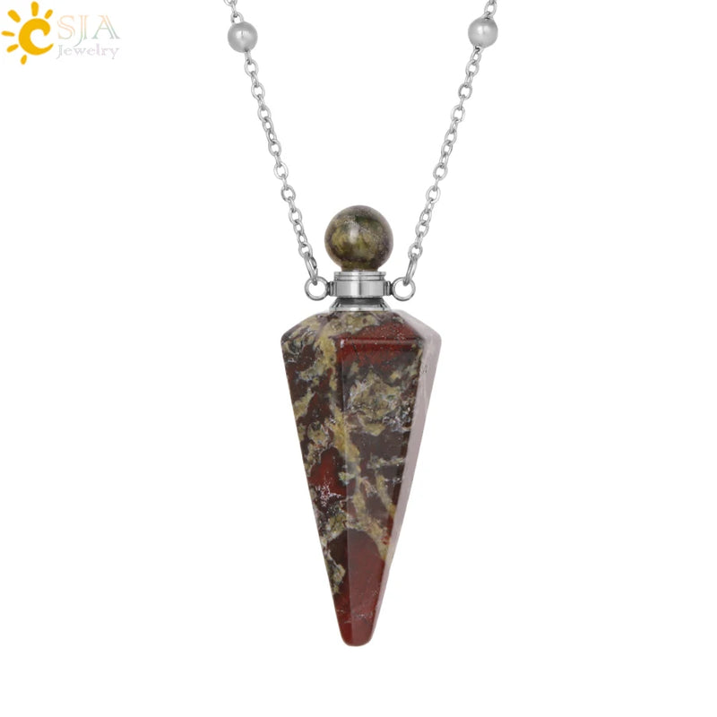 Natural Stone Cone Perfume Bottle necklace Healing Clear Quartz Crystal Pendant Reiki Essentials Oil Diffuser Vial Necklace H119