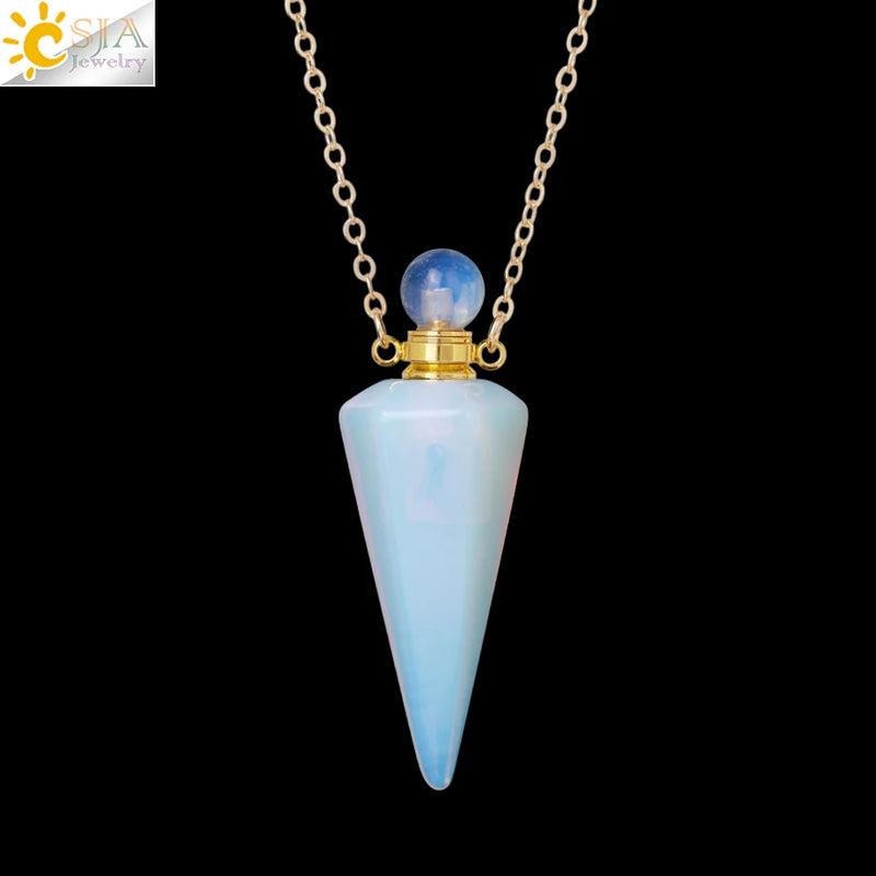 Natural Stone Cone Perfume Bottle necklace Healing Clear Quartz Crystal Pendant Reiki Essentials Oil Diffuser Vial Necklace H119