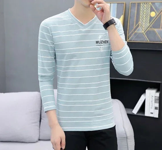 T Shirts for Men Tight Male Clothes Slim Fit Tops Printed Graphic V Neck Streetwear Quotes Original Winter Korean Autumn Size S