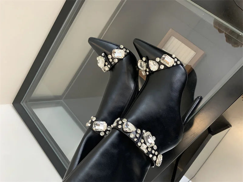 Liyke Fashion Crystal Gem Rivet Women Autumn Winter Shoes Zip Ankle Chelsea Boots Sexy Pointed Toe Party Stripper Heels Booties