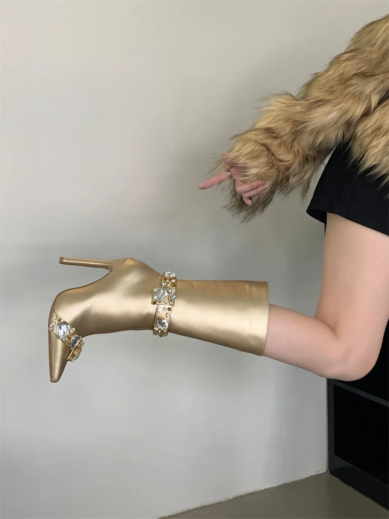 Liyke Fashion Crystal Gem Rivet Women Autumn Winter Shoes Zip Ankle Chelsea Boots Sexy Pointed Toe Party Stripper Heels Booties