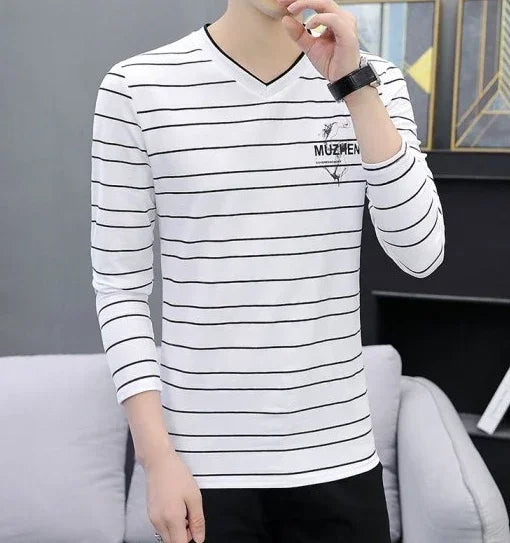 T Shirts for Men Tight Male Clothes Slim Fit Tops Printed Graphic V Neck Streetwear Quotes Original Winter Korean Autumn Size S
