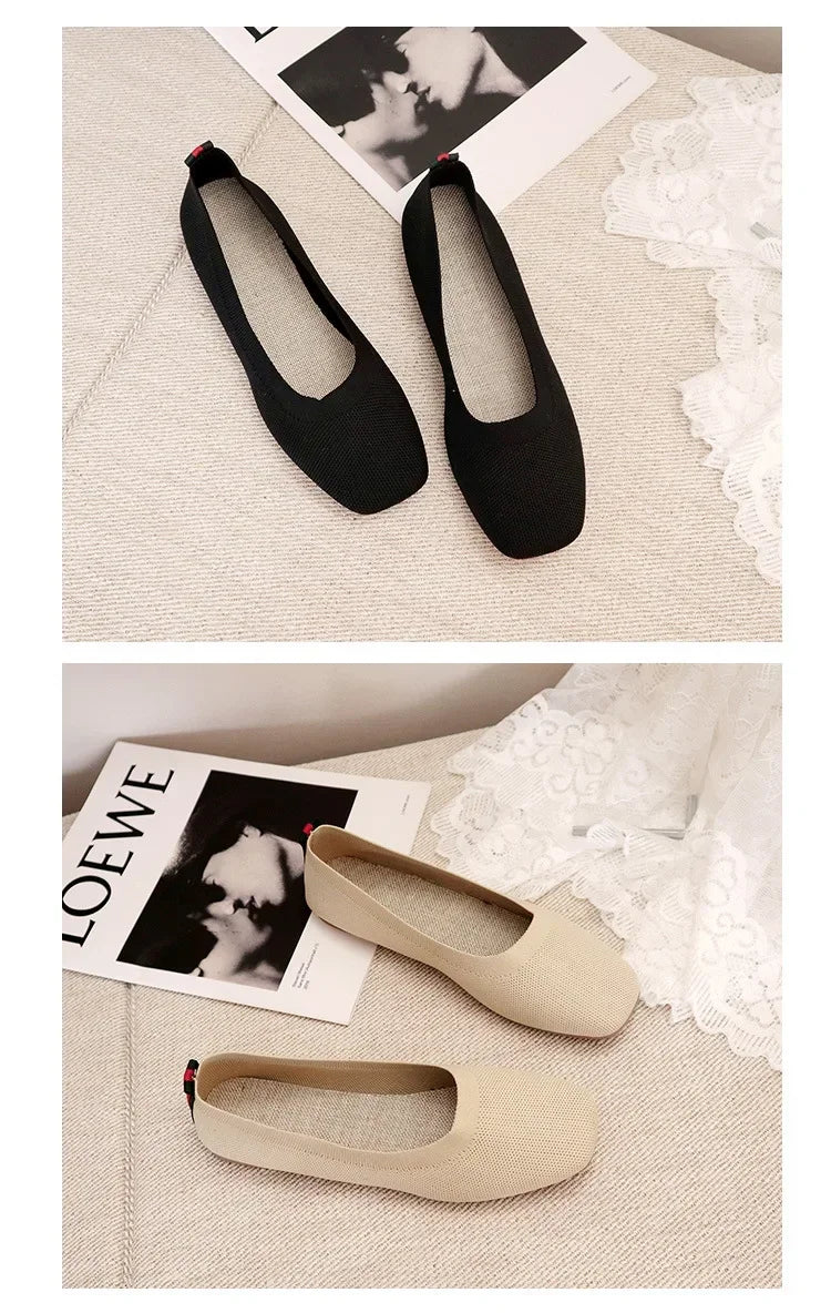 Shoes of Women  Fashion Knitted Mesh Breathable Ladies Loafers Comfort Square Toe Casual Flats Zapatos De Mujer 2024
